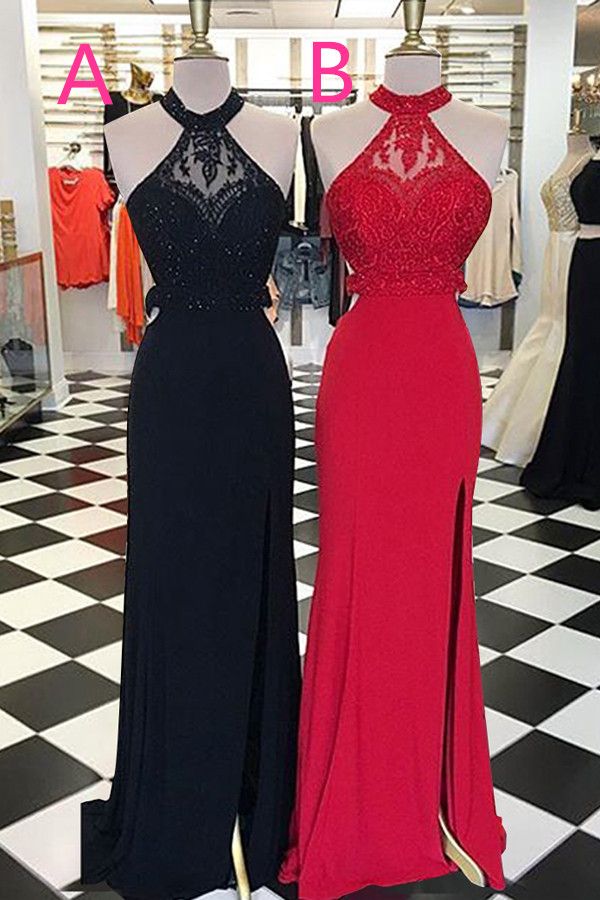 Pretty Black And Red Long Prom Dresses,Front Split Prom Gowns,High